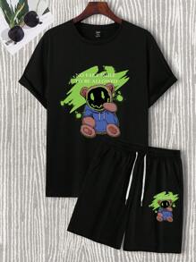Manfinity Hypemode Hombres Shorts con camiseta con estampado de dibujos animados - Negro - Ver 3