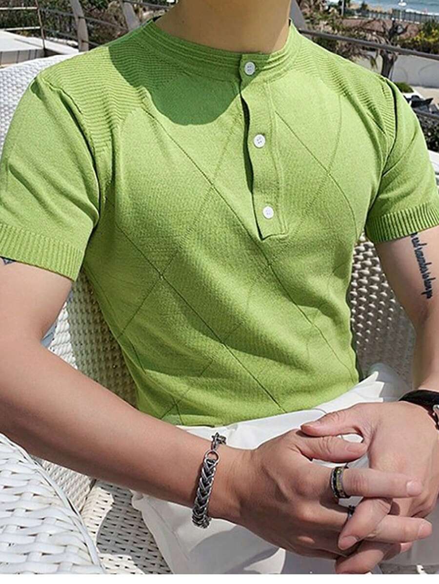 男士半排扣針織上衣 - 綠色 - 查看 1