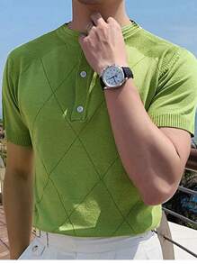 男士半排扣針織上衣 - 綠色 - 查看 3