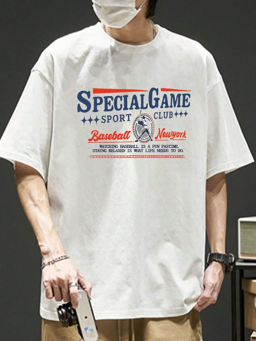 男士標語圖案落肩T恤 - 白色 - 查看 1