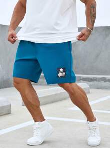 Manfinity Homme 男士椰子樹圖案腰部抽繩短褲 - 軍綠色 - 查看 1