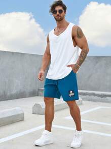 Manfinity Homme 男士椰子樹圖案腰部抽繩短褲 - 軍綠色 - 查看 4