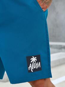 Manfinity Homme 男士椰子樹圖案腰部抽繩短褲 - 軍綠色 - 查看 7