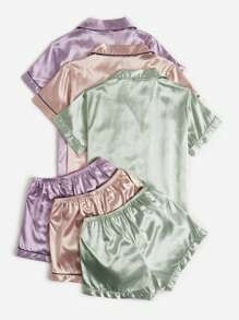 6pcs Satin Lapel Collar Contrast Piping PJ Set / Pajama Set - Multicolor - View 2