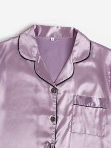 6pcs Satin Lapel Collar Contrast Piping PJ Set / Pajama Set - Multicolor - View 5