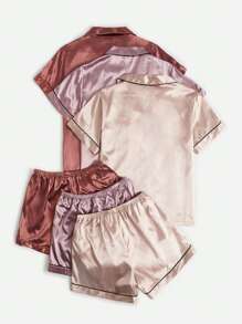 Conjunto de 3 piezas de pijama/conjunto de pijama con cuello satinado, fruncido delantero, para vacaciones