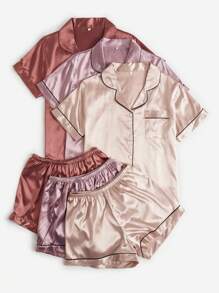 Conjunto de 3 piezas de pijama/conjunto de pijama con cuello satinado, fruncido delantero, para vacaciones