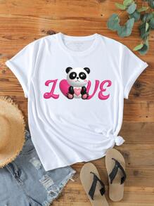 Talla grande Camiseta panda con con estampado de letra - Blanco - Ver 1