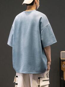 男士字母圖案落肩T恤 - 淺藍色 - 查看 2