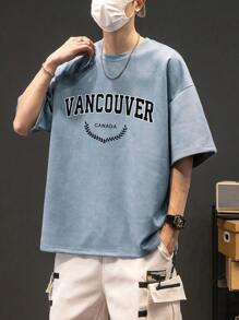 男士字母圖案落肩T恤 - 淺藍色 - 查看 3