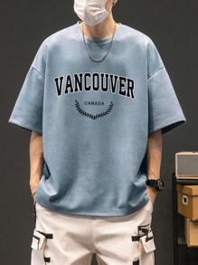 男士字母圖案落肩T恤 - 淺藍色 - 查看 4