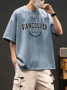 男士字母圖案落肩T恤 - 淺藍色 - 查看 5