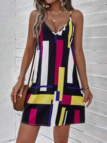 SHEIN VCAY Đầm Lộ Lưng Khối Màu Hình học Giải trí - Màu vàng - Xem 4