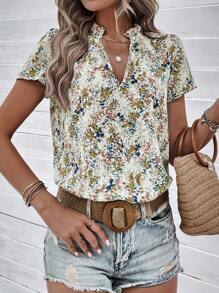 SHEIN Clasi Blusa con estampado floral de cuello notch - Albaricoque - Ver 3