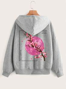 SHEIN EZwear Quần áo thể thao nữ Dây kéo Túi Hoa Slogan Giải trí - Màu Xám nhạt - Xem 1