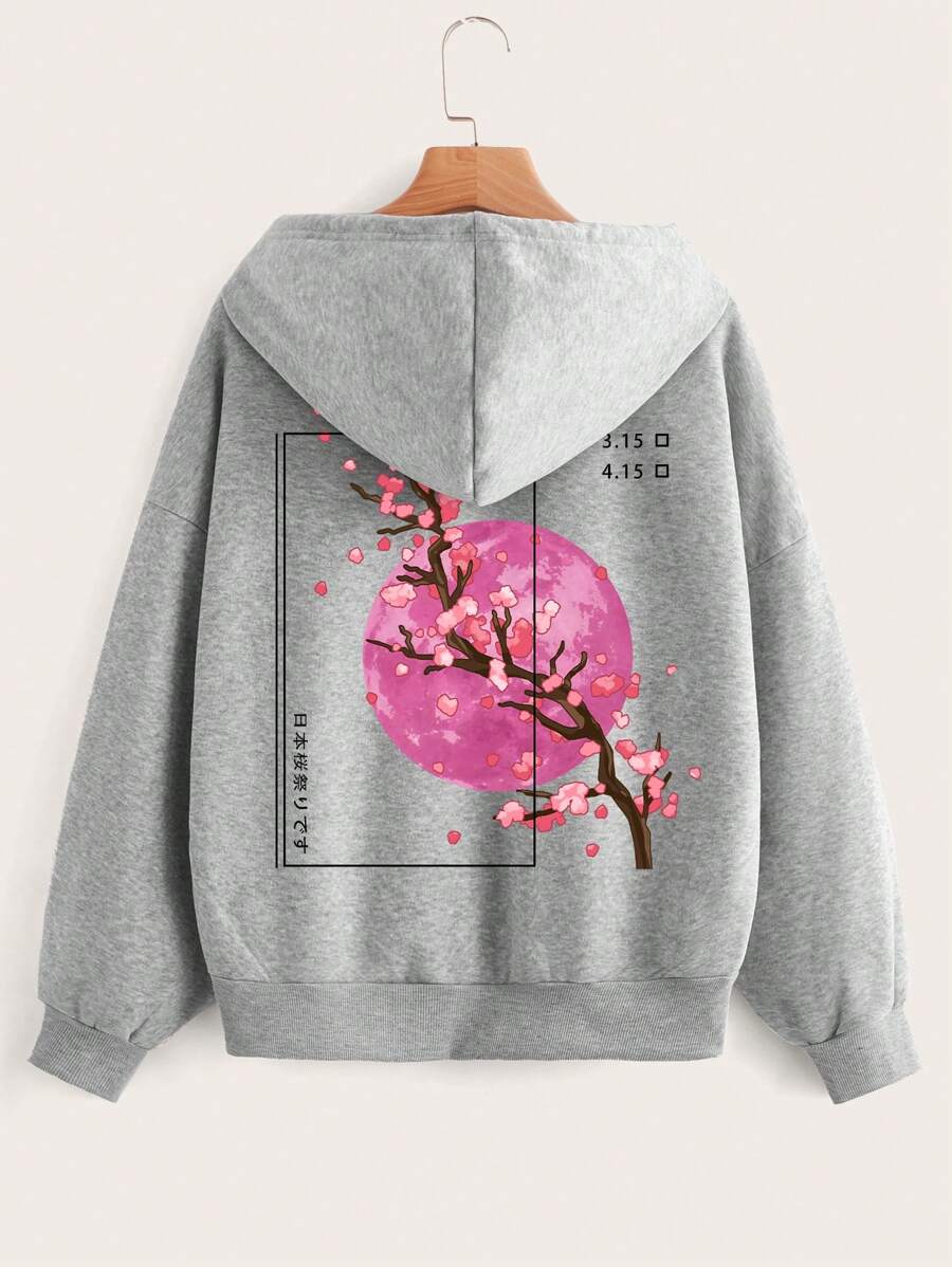 SHEIN EZwear Quần áo thể thao nữ Dây kéo Túi Hoa Slogan Giải trí - Màu Xám nhạt - Xem 1