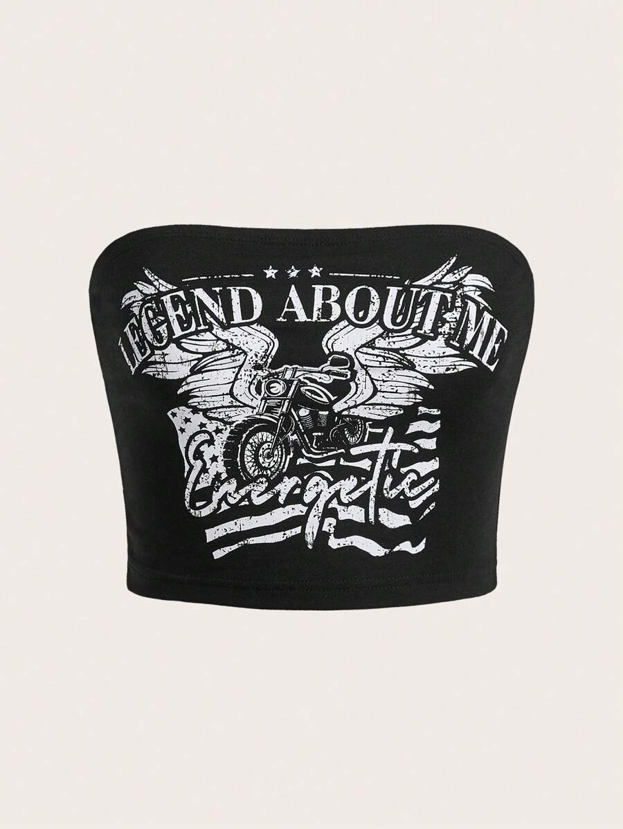 SHEIN EZwear Letter & Motorcycle Print Tube Top - Black - View 1