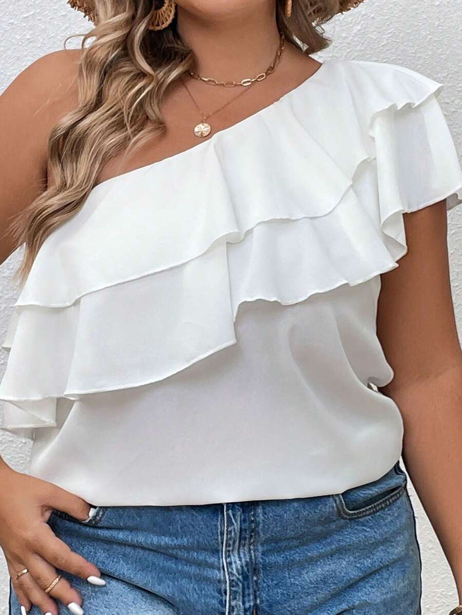 SHEIN VCAY 大碼單肩荷葉邊襯衫