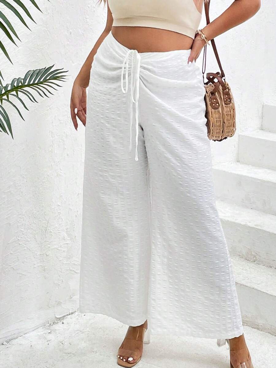 SHEIN VCAY Plus Drawstring Front Wide Leg Pants - White - View 1