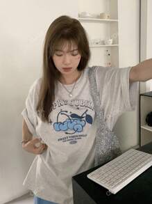 Women's Loose Letter & Cherry Print Short Sleeve T-Shirt, Summer