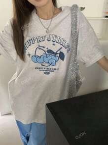 Women's Loose Letter & Cherry Print Short Sleeve T-Shirt, Summer