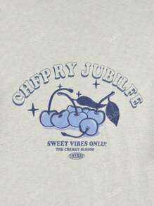 Women's Loose Letter & Cherry Print Short Sleeve T-Shirt, Summer