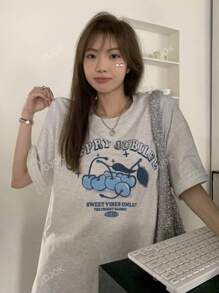 Women's Loose Letter & Cherry Print Short Sleeve T-Shirt, Summer