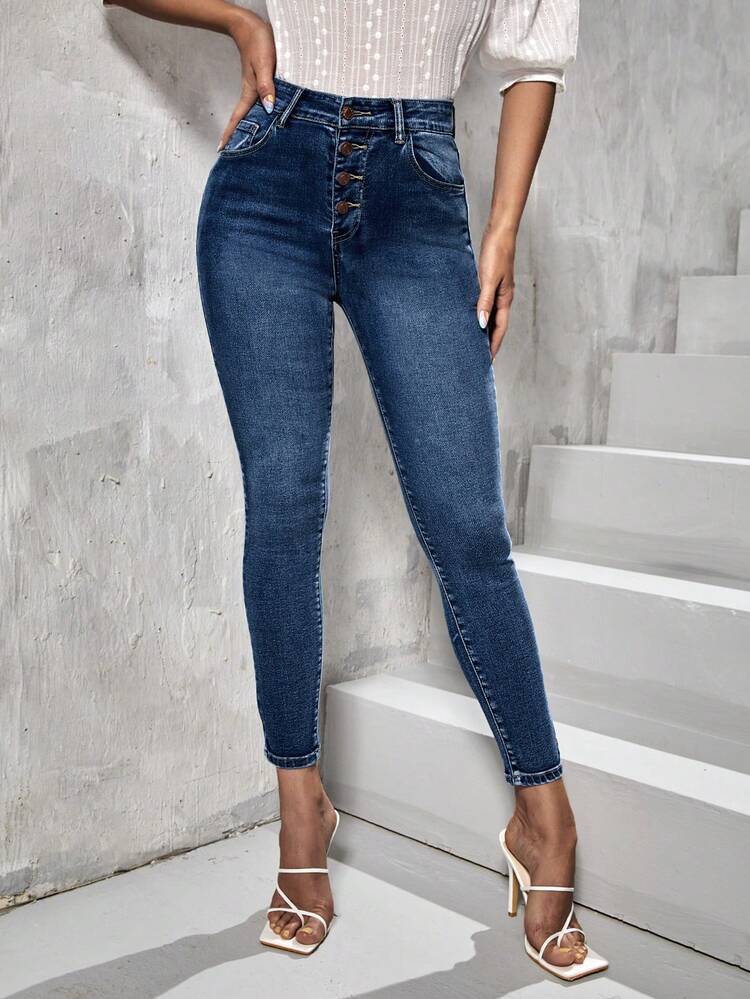 Cloudara Button Fly Skinny Jeans - Dark Wash - View 4