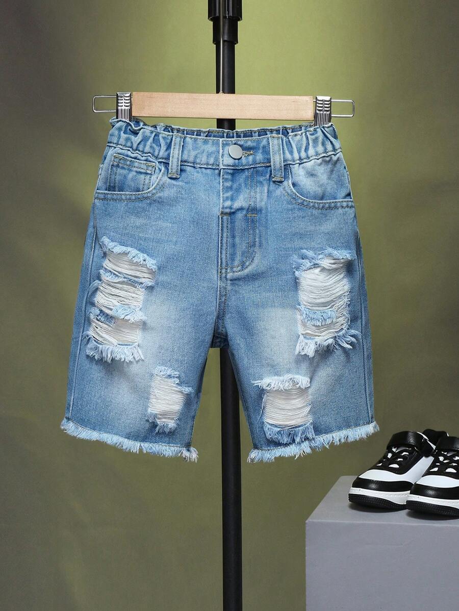 SHEIN Young Boy Daily Boho Street Casual Casual Destroy Raw Hem Elastic Waist Denim Shorts, School, Campus, College - Light Wash - View 1