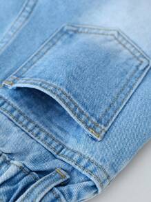 SHEIN Young Boy Daily Boho Street Casual Casual Destroy Raw Hem Elastic Waist Denim Shorts, School, Campus, College - Light Wash - View 3