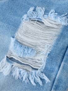 SHEIN Young Boy Daily Boho Street Casual Casual Destroy Raw Hem Elastic Waist Denim Shorts, School, Campus, College - Light Wash - View 4