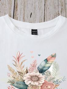 SHEIN LUNE Casual Elegant Floral & Leaf Print Round Neck Short Sleeve Fitted Tee For Women,White Summmer Boho Vacation Cotton Graphic T-Shirts For - White - View 6