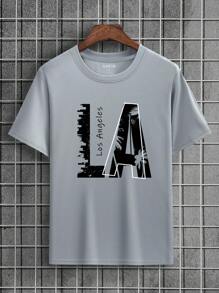 Manfinity Dauomo 男士字母圖案T恤 - 灰色 - 查看 1