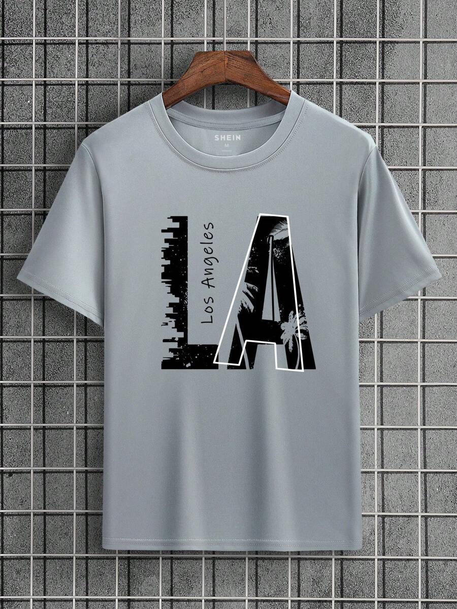 Manfinity Dauomo 男士字母圖案T恤 - 灰色 - 查看 1