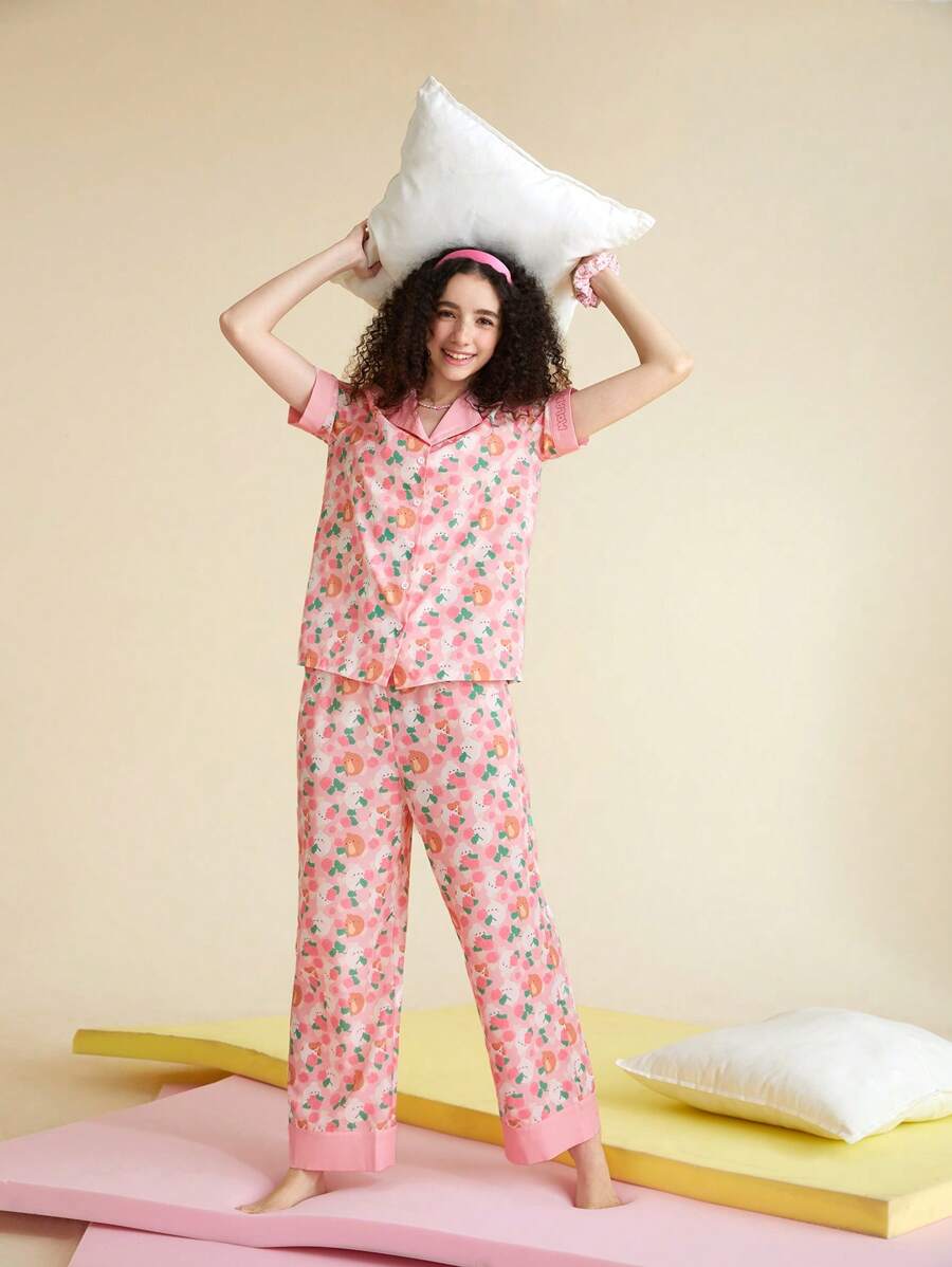 SHEIN X MOLANG Cartoon & Floral Print PJ Set - Multicolor - View 1