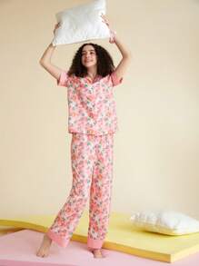 SHEIN X MOLANG Cartoon & Floral Print PJ Set - Multicolor - View 3