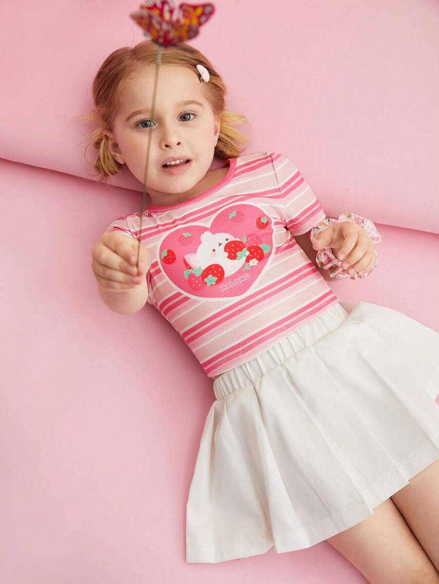 SHEIN X MOLANG 小女童條紋圖案和卡通圖案T恤