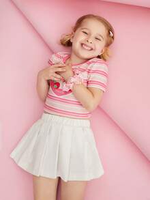 SHEIN X MOLANG 小女童條紋圖案和卡通圖案T恤