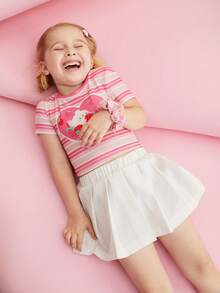 SHEIN X MOLANG 小女童條紋圖案和卡通圖案T恤