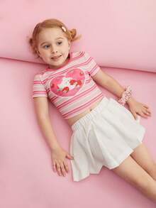 SHEIN X MOLANG 小女童條紋圖案和卡通圖案T恤