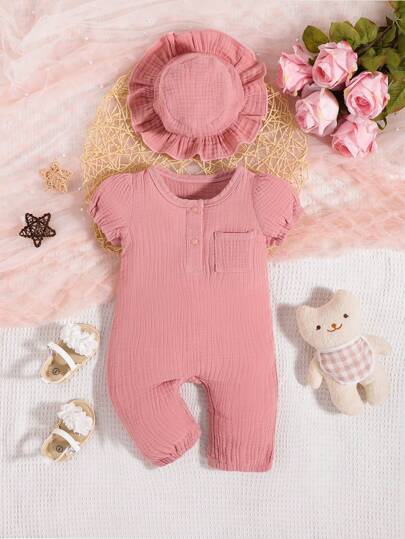 SHEIN 嬰兒泡泡袖口袋貼布連身褲和帽