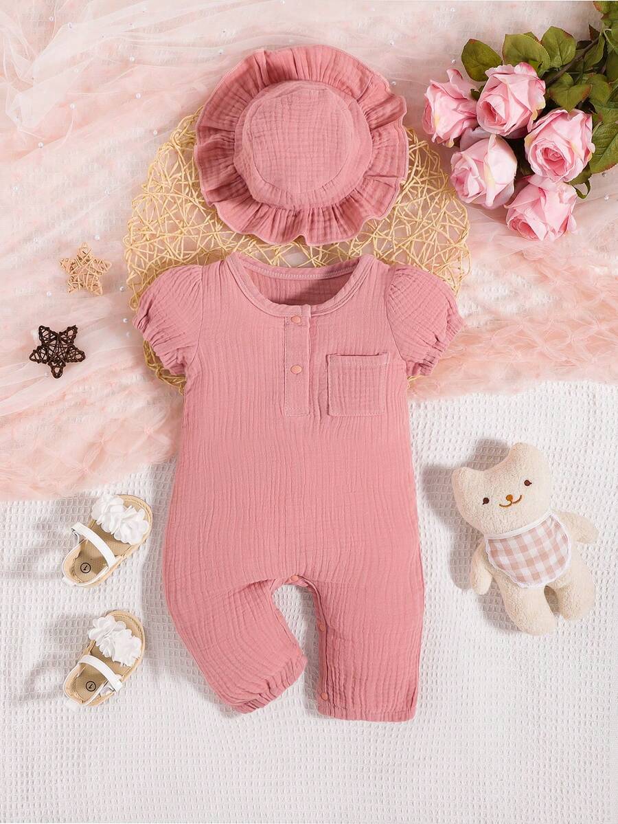 SHEIN 嬰兒泡泡袖口袋貼布連身褲和帽 - 藕粉色 - 查看 1