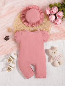 SHEIN 嬰兒泡泡袖口袋貼布連身褲和帽 - 藕粉色 - 查看 2