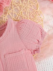 SHEIN 嬰兒泡泡袖口袋貼布連身褲和帽 - 藕粉色 - 查看 4