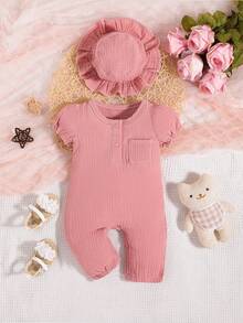 SHEIN 嬰兒泡泡袖口袋貼布連身褲和帽 - 藕粉色 - 查看 6