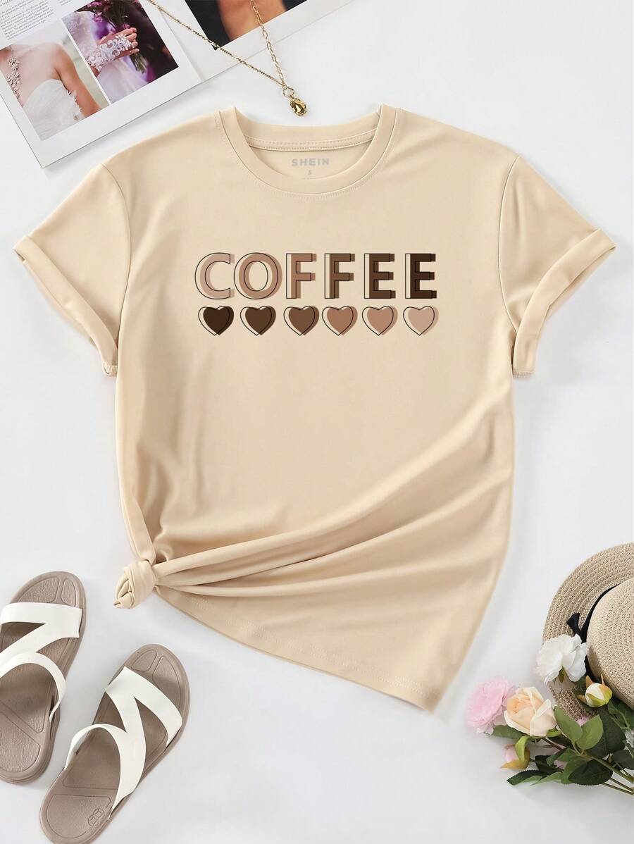 INAWLY Áo thun nữ Lá thư Tim Giải trí - Màu Khaki - Xem 1