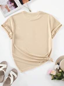 INAWLY Áo thun nữ Lá thư Tim Giải trí - Màu Khaki - Xem 2