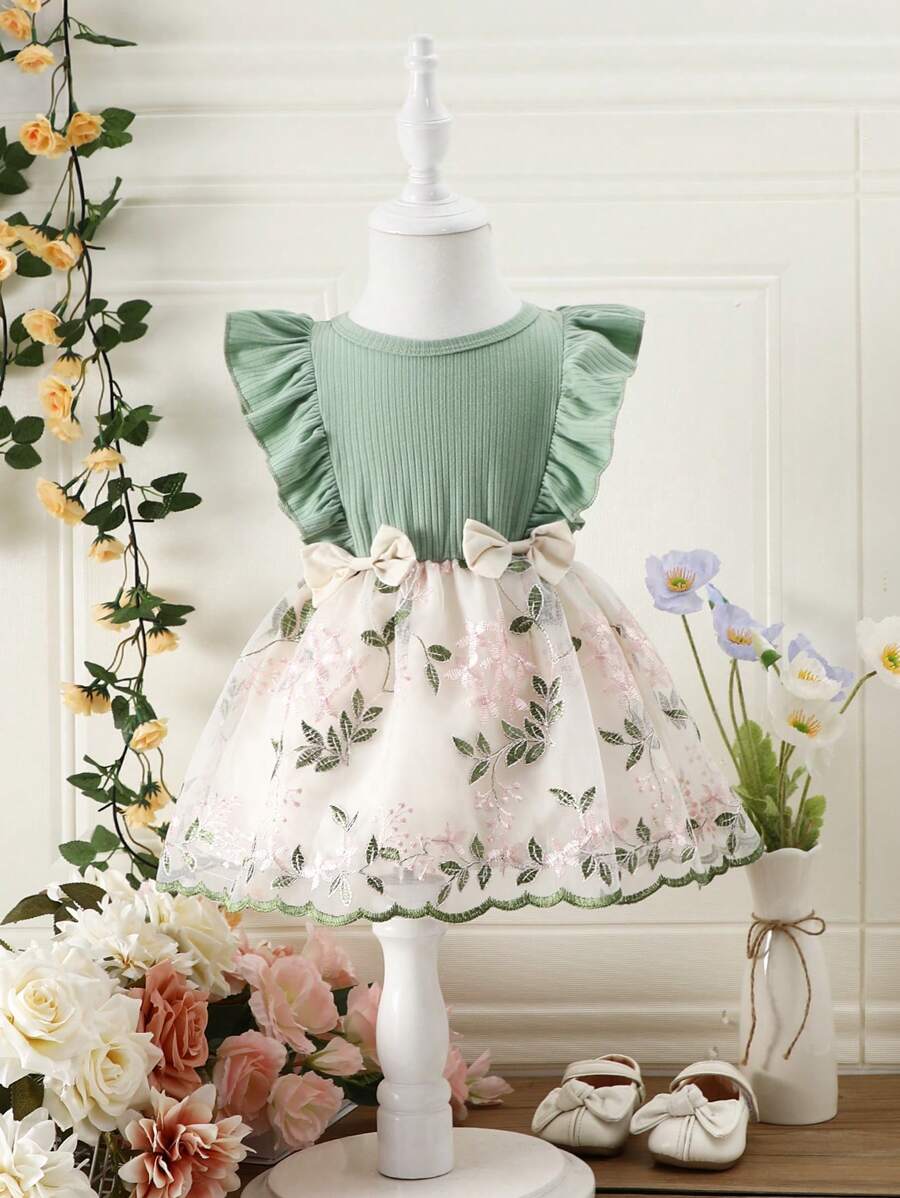 Vestido De Bebé Para Niña Con Bordado Floral, Ribete De Volantes Y Lazo En La Parte Delantera - Verde - Ver 1