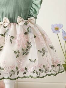 Vestido De Bebé Para Niña Con Bordado Floral, Ribete De Volantes Y Lazo En La Parte Delantera - Verde - Ver 3