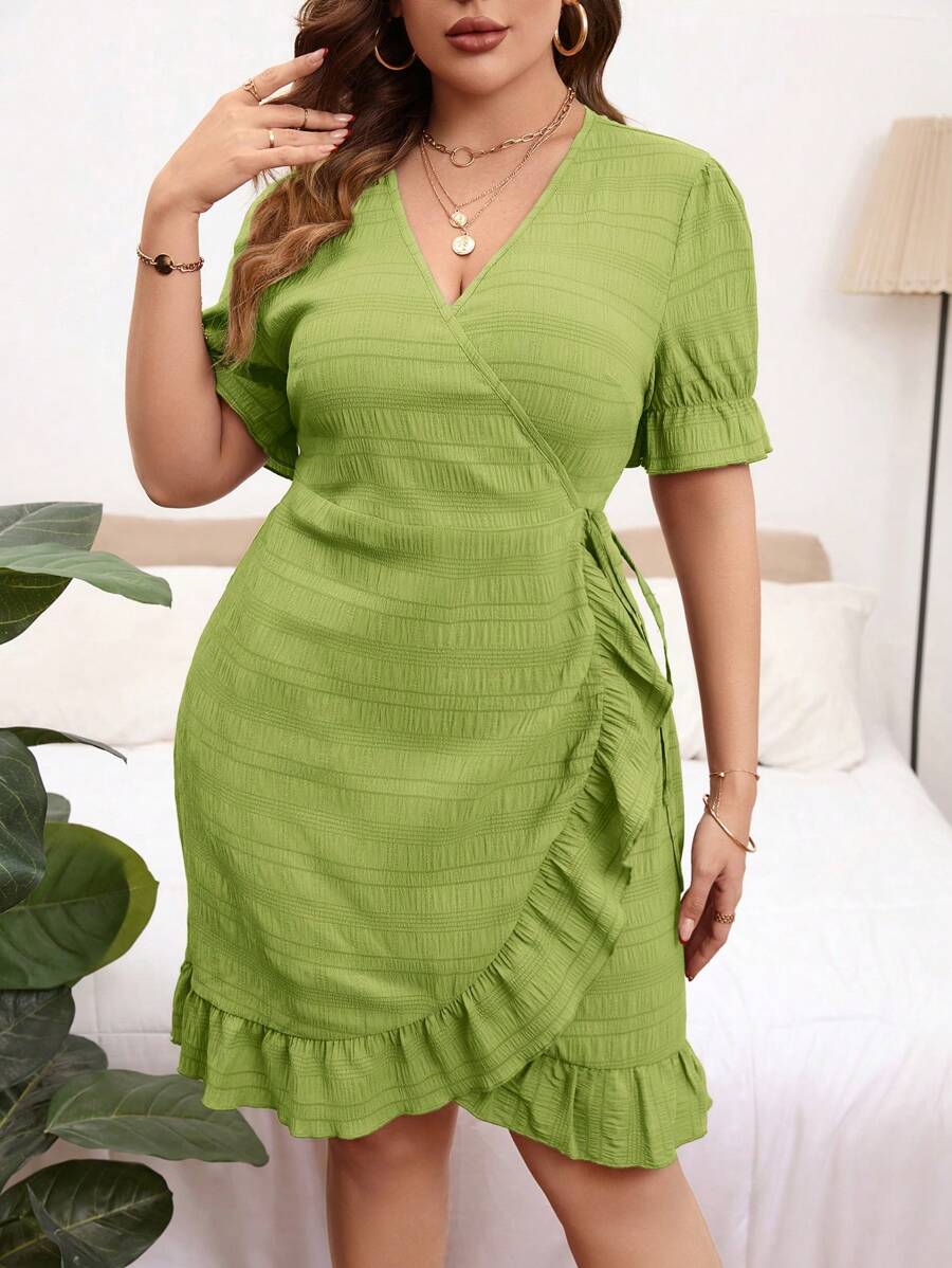 SHEIN Privé Vestido de manga farol ribete con fruncido cruzado con nudo lateral - Verde - Ver 1